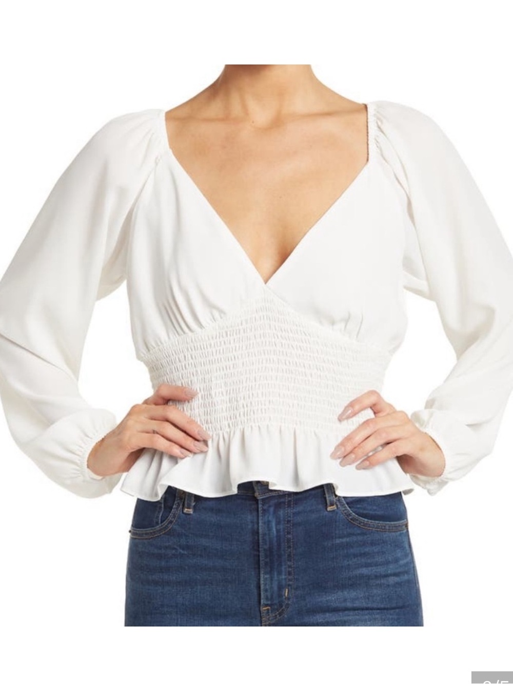 Wayf White Smocked Waist V-Neck Peplum Blouse